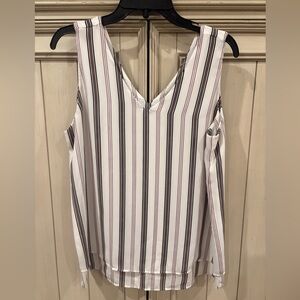 Ann Taylor Black, White, and Pink Striped V-Neck Blouse